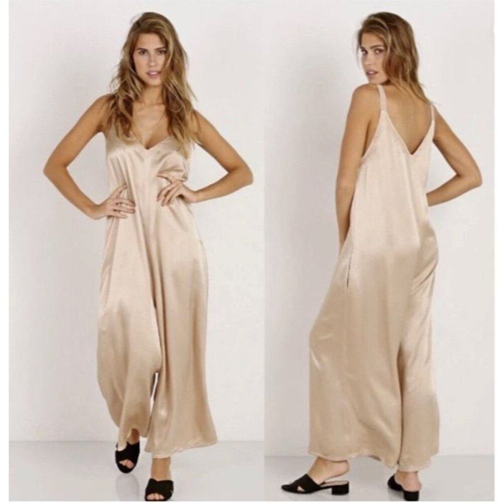 LACAUSA Santi Jumpsuit Pink Rose Satin Wide Leg Sleeveless V Neck Langenlook M